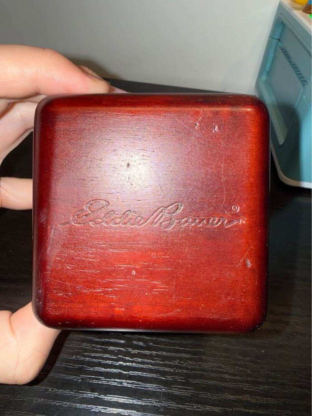 Vintage Eddie Bauer Small Wooden Dark Brown trinket Wood Green Felt Lined Faded
